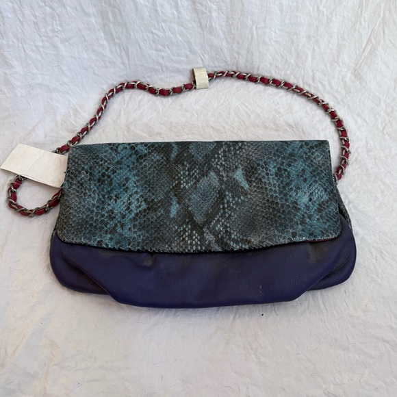 Elie Tahari Handbags - Elie Tahari Teal Snakeskin, with Purple and Red Leather Clutch